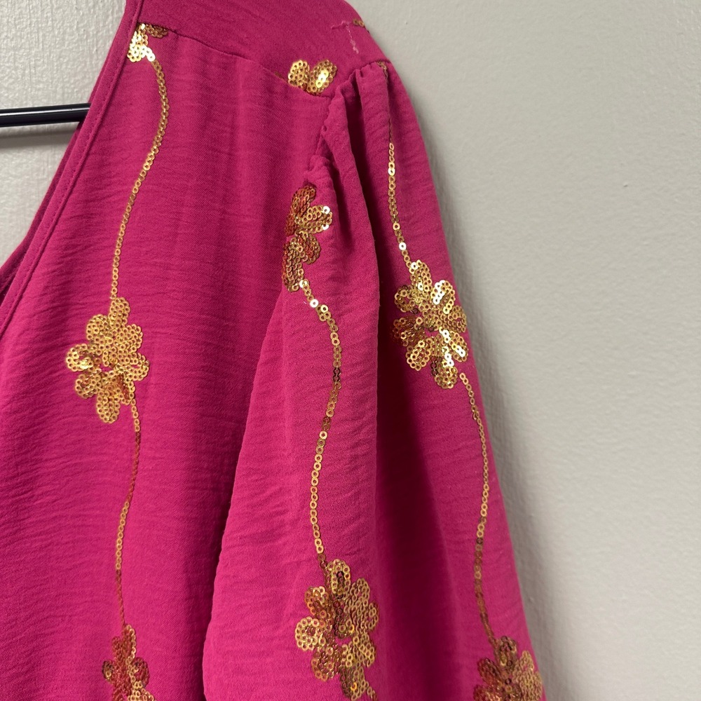 Nina Leonard Fuchsia Pink Gold Sequin Floral Tiered Dress XL NWT L0363BF - Picture 3 of 6